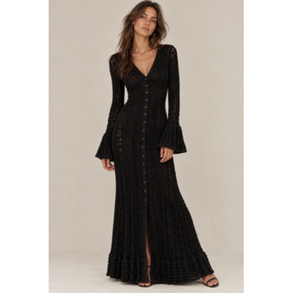 Y2K Crochet Sweater Dress Womens Medium Button Front Cardigan Maxi Whimsigoth